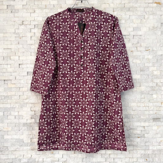 Jaipuri Cotton Short Kurti – Deep Berry & White Floral Geometric Print | SK0037