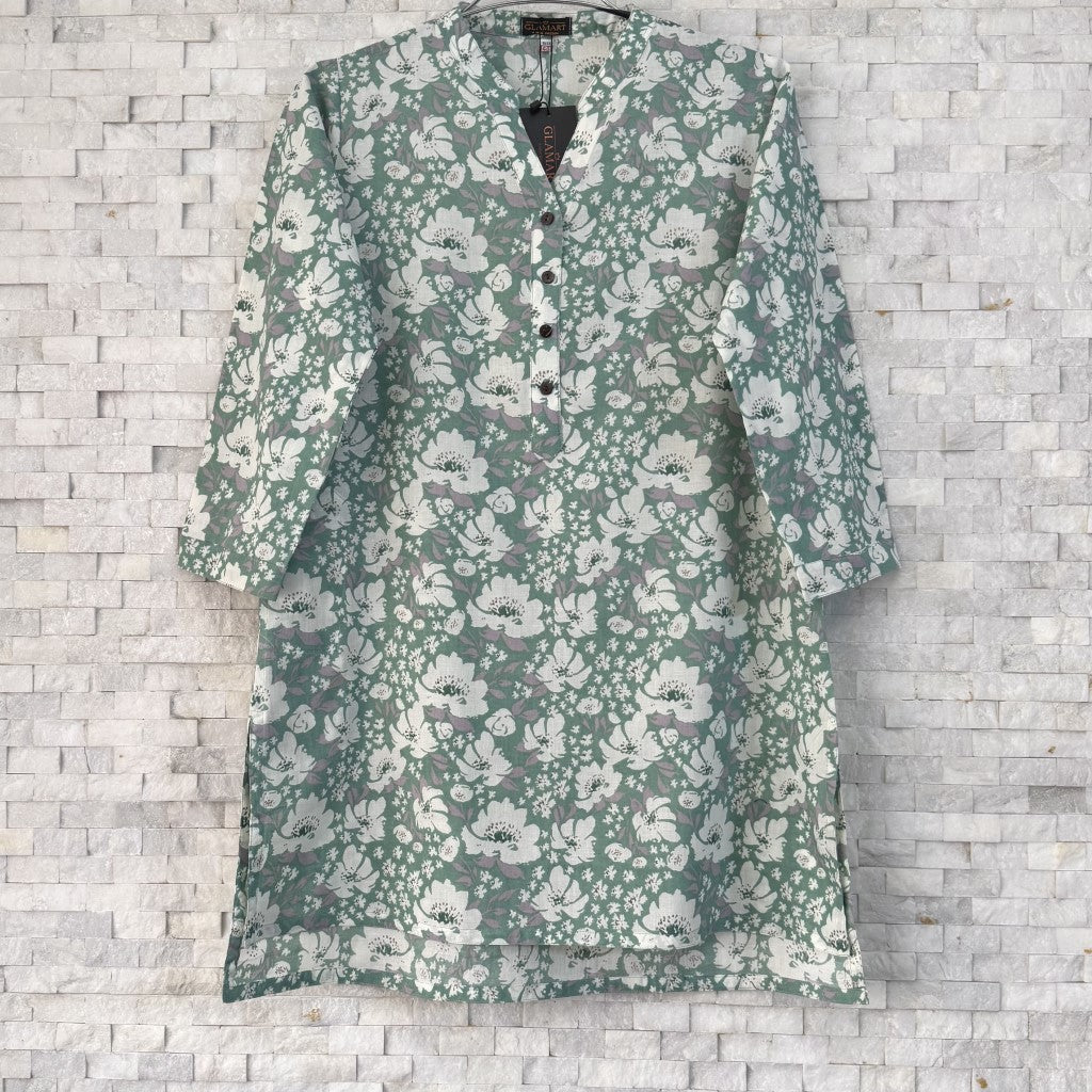 Jaipuri Cotton Short Kurti – Sage Base & White Large Floral Print | SK0038