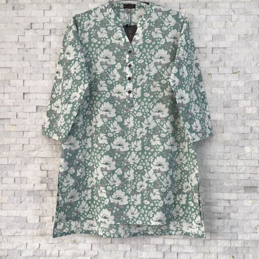 Jaipuri Cotton Short Kurti – Sage Base & White Large Floral Print | SK0038