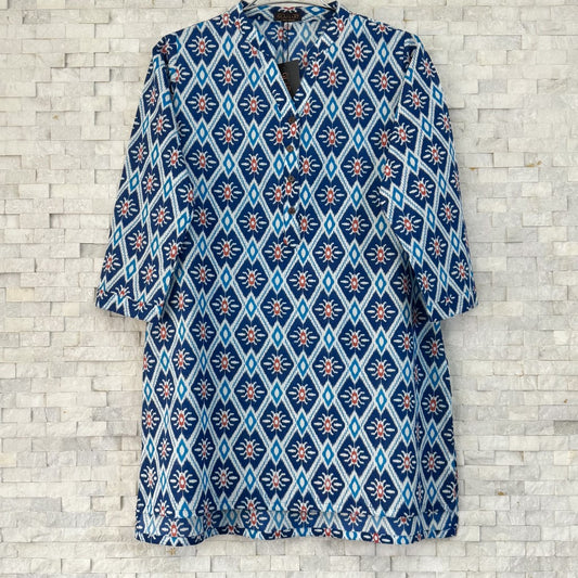 Jaipuri Cotton Short Kurti – Indigo Blue & White Geometric Print | SK0039