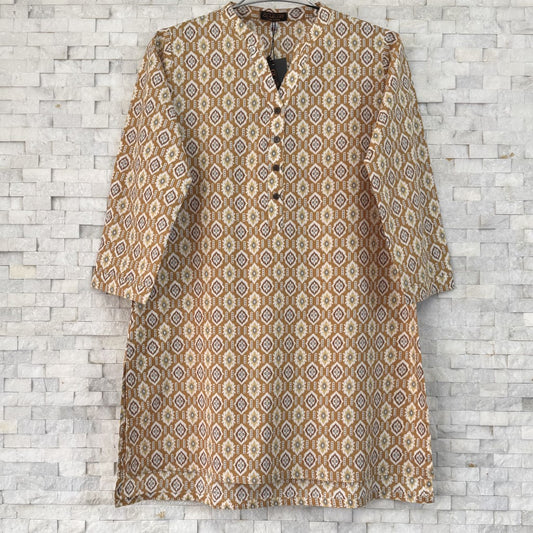 Jaipuri Cotton Short Kurti – Earthy Brown Bohemian Geometric Print | SK0040