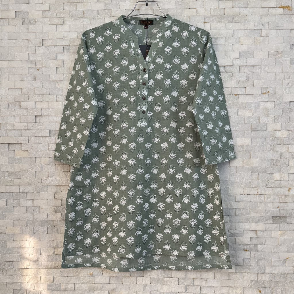 Jaipuri Cotton Short Kurti – Sage Green & White Floral Print | SK0042