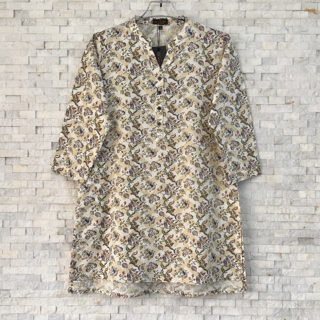 Jaipuri Cotton Short Kurti – Cream Multi-Floral Print | SK0043