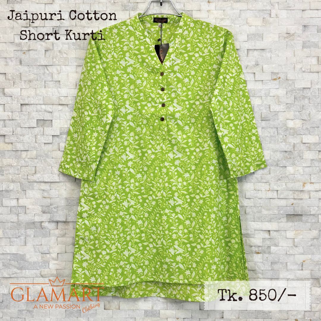 Jaipuri Cotton Short Kurti – Vibrant Lime Green White Floral Print | SK0044