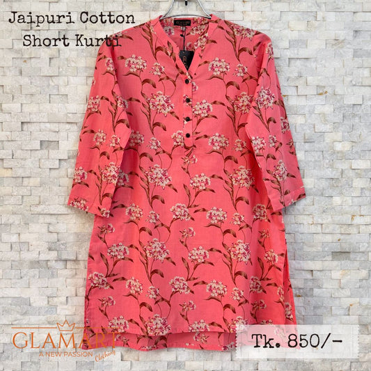 Jaipuri Cotton Short Kurti – Salmon Pink Floral Print | SK0045