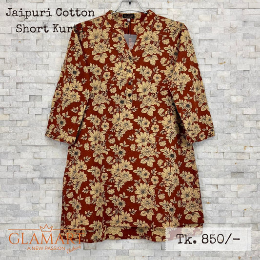 Jaipuri Cotton Short Kurti – Barn Red Large Beige Floral Print | SK0047