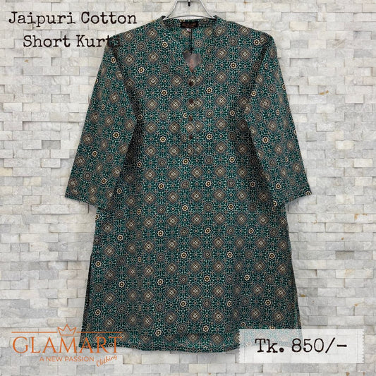 Jaipuri Cotton Short Kurti – Forest Green Geometric Print | SK0048