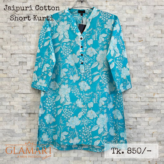 Jaipuri Cotton Short Kurti – Turquoise Blue Floral Print | SK0049