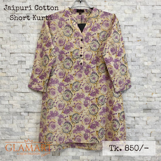 Jaipuri Cotton Short Kurti – Purple & Beige Floral Print | SK0050