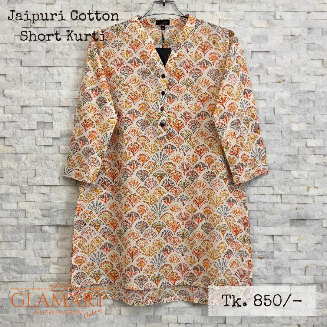 Jaipuri Cotton Short Kurti – Off-White with Orange Floral Print | SK0052