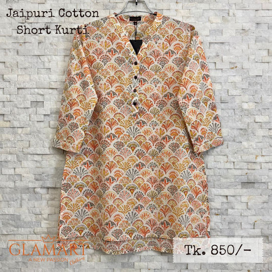 Jaipuri Cotton Short Kurti – Off-White with Orange Floral Print | SK0052