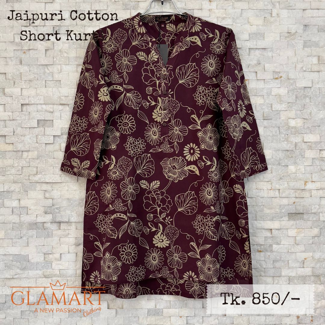 Jaipuri Cotton Short Kurti - Dark Maroon with Cream Floral Sketch Print | SK0054