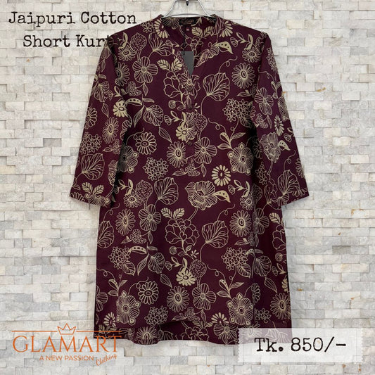 Jaipuri Cotton Short Kurti - Dark Maroon with Cream Floral Sketch Print | SK0054