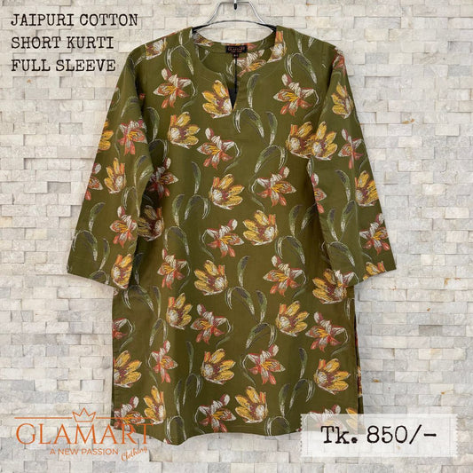 Jaipuri Cotton Full Sleeve Short Kurti - Olive Green Floral Print | SK0055