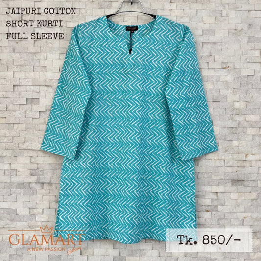 Jaipuri Cotton Full Sleeve Short Kurti - Turquoise Blue Zigzag Print | SK0056