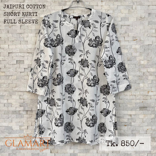 Jaipuri Cotton Full Sleeve Short Kurti - White with Black Floral Sketch Print | SK0057