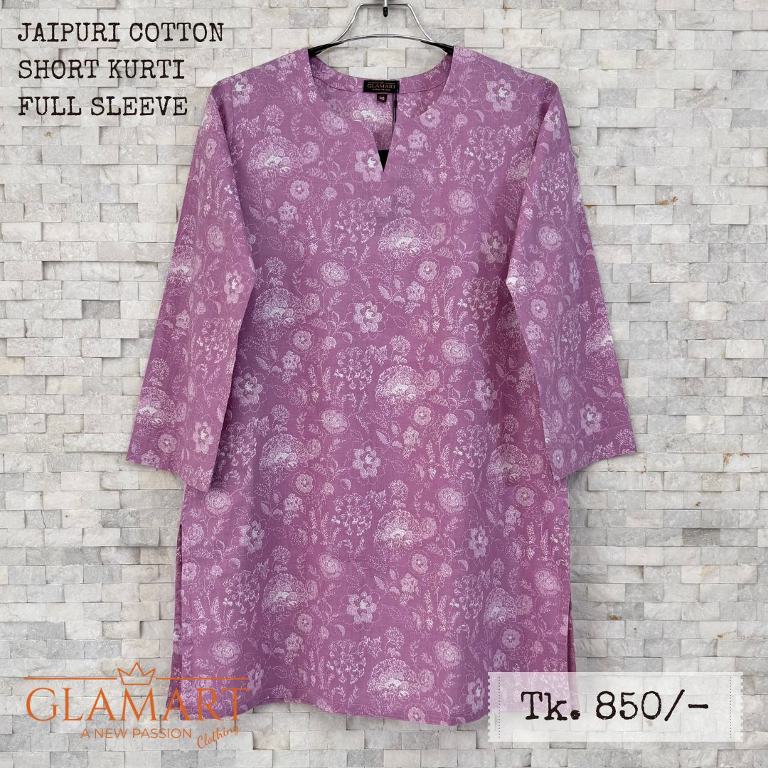 Jaipuri Cotton Full Sleeve Short Kurti - Lavender-pink with White Floral Sketch Print | SK0058