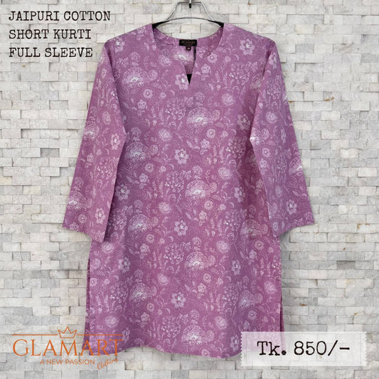 Jaipuri Cotton Full Sleeve Short Kurti - Lavender-pink with White Floral Sketch Print | SK0058