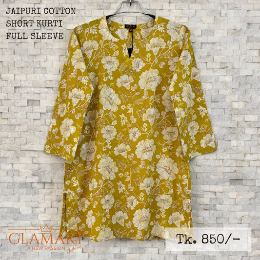 Jaipuri Cotton Full Sleeve Short Kurti - Mustard Yellow with Off-white Floral Print | SK0059