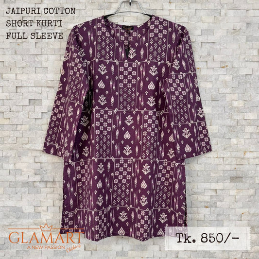Jaipuri Cotton Full Sleeve Short Kurti - Plum Purple with Geometric Ethnic Print | SK0060