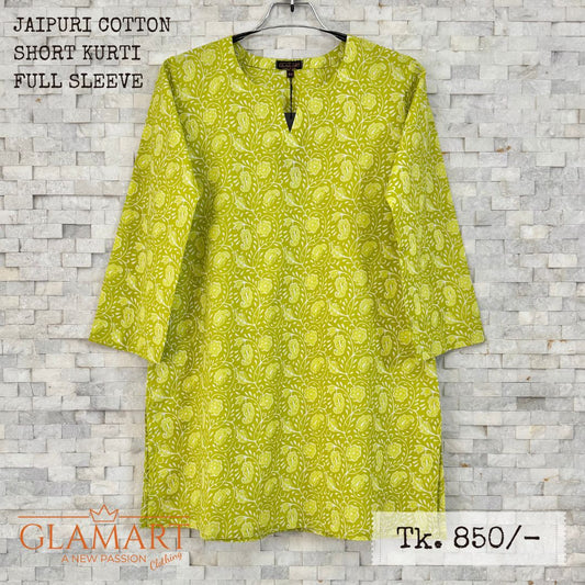 Jaipuri Cotton Full Sleeve Short Kurti - Lime Green with White Floral Paisley Print | SK0061