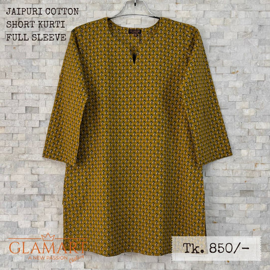 Jaipuri Cotton Full Sleeve Short Kurti - Mustard Brown with Small Butti Print | SK0062