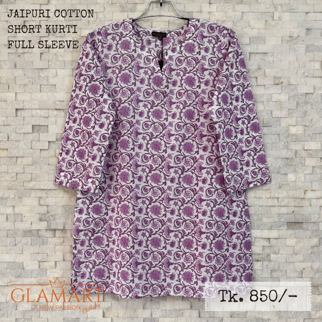 Jaipuri Cotton Full Sleeve Short Kurti - White and Purple Floral Print | SK0063