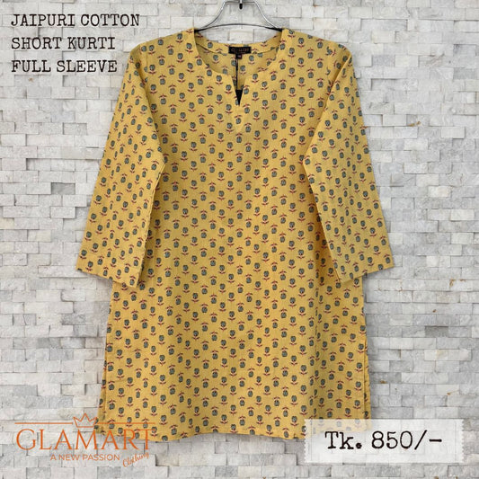 Jaipuri Cotton Full Sleeve Short Kurti - Yellow with Small Floral Print | SK0064