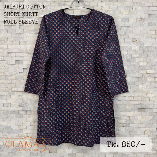 Jaipuri Cotton Full Sleeve Short Kurti - Navy Blue with Small Floral Print | SK0065