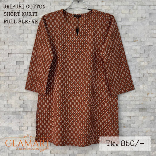 Jaipuri Cotton Full Sleeve Short Kurti - Reddish Brown with Small Floral Print | SK0066