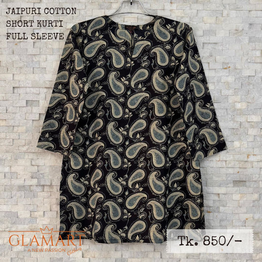 Jaipuri Cotton Full Sleeve Short Kurti - Black with Paisley Print | SK0067