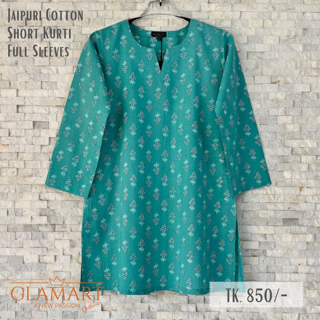 Jaipuri Cotton Full Sleeve Short Kurti - Aqua Green with White Floral Buti Print | SK0069