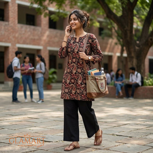 Jaipuri Cotton Full Sleeve Short Kurti - Black & Maroon with Ornate Paisley Print | SK0070