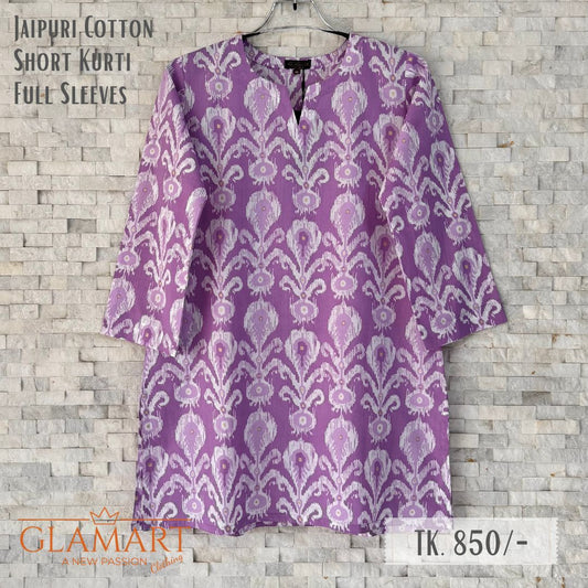 Jaipuri Cotton Full Sleeve Short Kurti - Lilac with White Ikat Print | SK0071