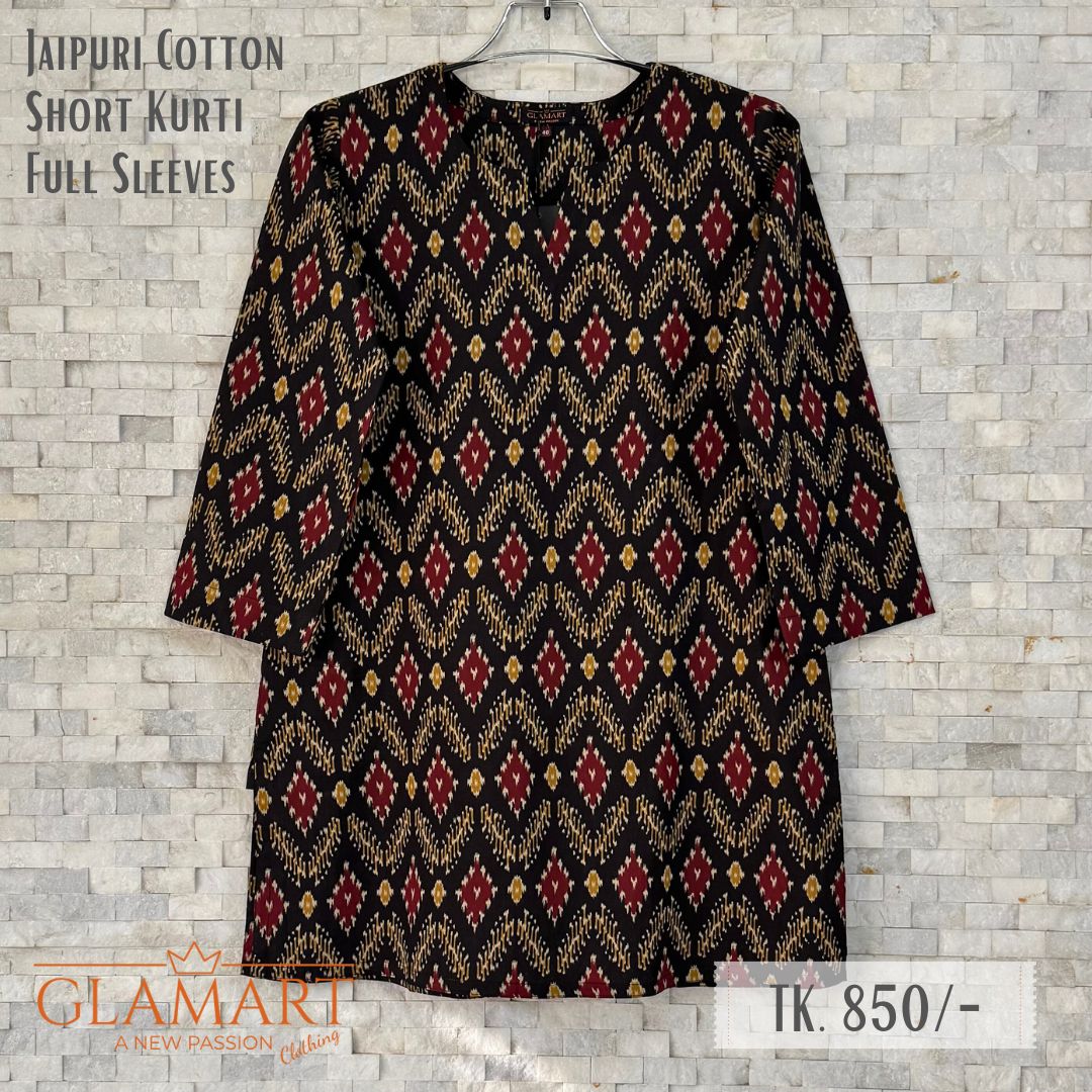 Jaipuri Cotton Full Sleeve Short Kurti - Black with Maroon Ikat Print | SK0072