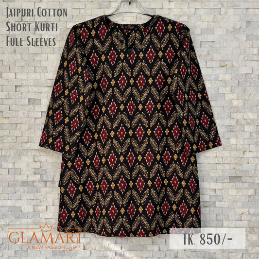 Jaipuri Cotton Full Sleeve Short Kurti - Black with Maroon Ikat Print | SK0072