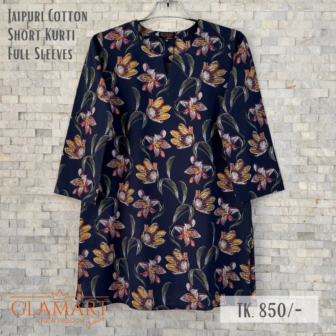 Jaipuri Cotton Full Sleeve Short Kurti - Navy Blue with Multicolor Floral Print | SK0074
