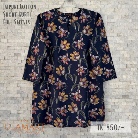 Jaipuri Cotton Full Sleeve Short Kurti - Navy Blue with Multicolor Floral Print | SK0074