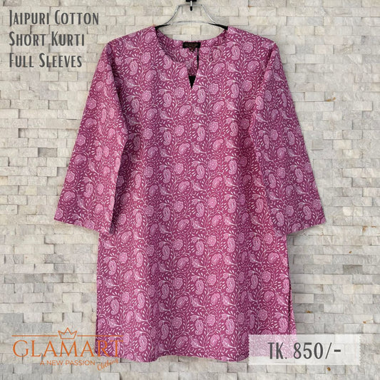 Jaipuri Cotton Full Sleeve Short Kurti - Mulberry with White Floral Vine Print | SK0075