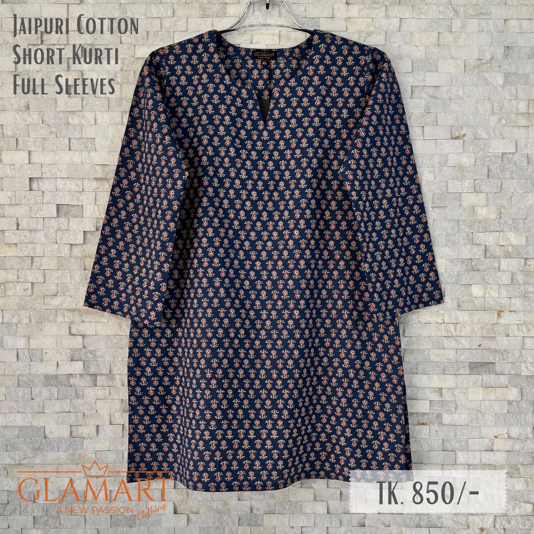 Jaipuri Cotton Full Sleeve Short Kurti - Dark Blue with Mini Floral Buti Print | SK0076