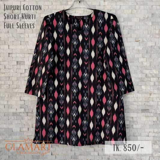 Jaipuri Cotton Full Sleeve Short Kurti - Black with Pink & Grey Ikat Print | SK0077
