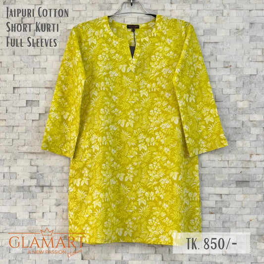 Jaipuri Cotton Full Sleeve Short Kurti - Lime Green & White Floral Print | SK0078