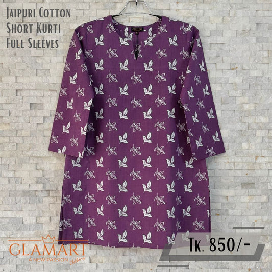 Jaipuri Cotton Full Sleeve Short Kurti - Purple & White Leaf Print | SK0080