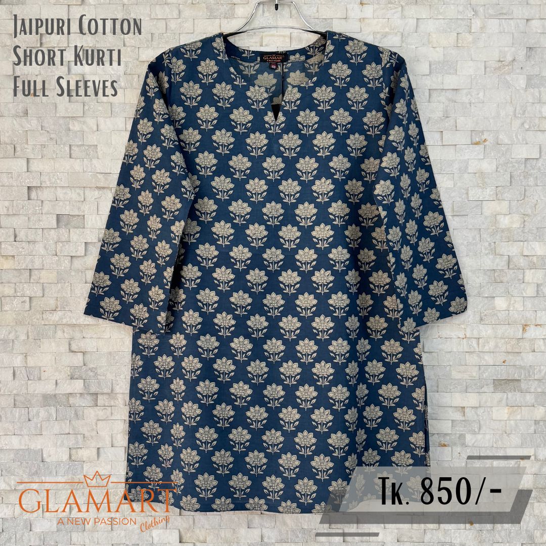 Jaipuri Cotton Full Sleeve Short Kurti - Matte Navy Blue & Cream Lotus Print | SK0081