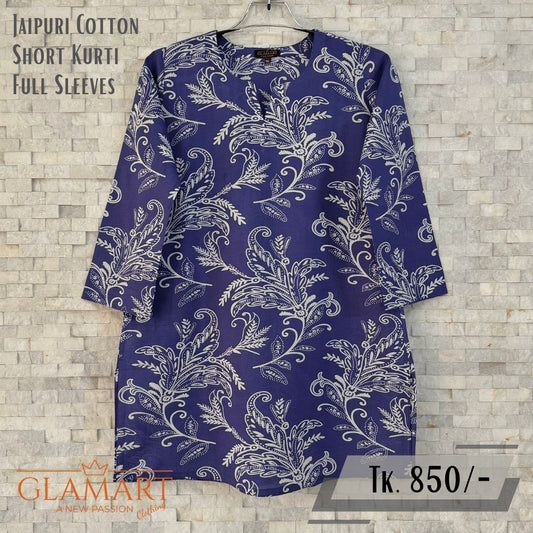 Jaipuri Cotton Full Sleeve Short Kurti - Royal Blue & White Paisley Print | SK0082