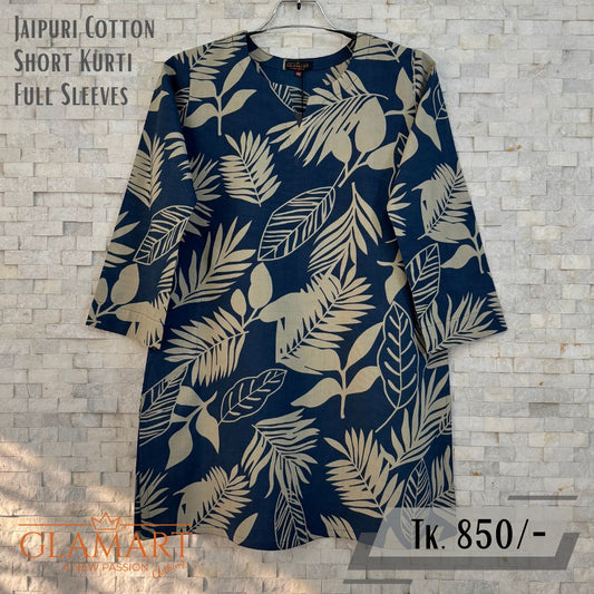 Jaipuri Cotton Full Sleeve Short Kurti - Matte Navy Blue & Beige Tropical Leaf Print | SK0084