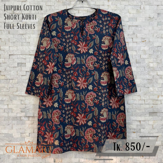 Jaipuri Cotton Full Sleeve Short Kurti - Navy Blue Floral Print | SK0086
