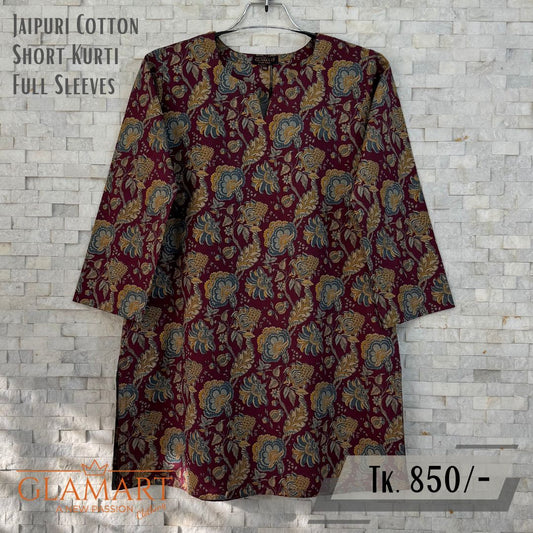 Jaipuri Cotton Full Sleeve Short Kurti - Deep Maroon & Brown Floral Print | SK0088
