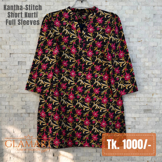 Kantha-Stitch Full Sleeve Short Kurti - Black with Pink & Yellow Floral Pattern | SK0089