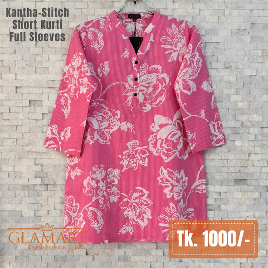 Kantha-Stitch Full Sleeve Short Kurti - Pink & White Floral Print | SK0091